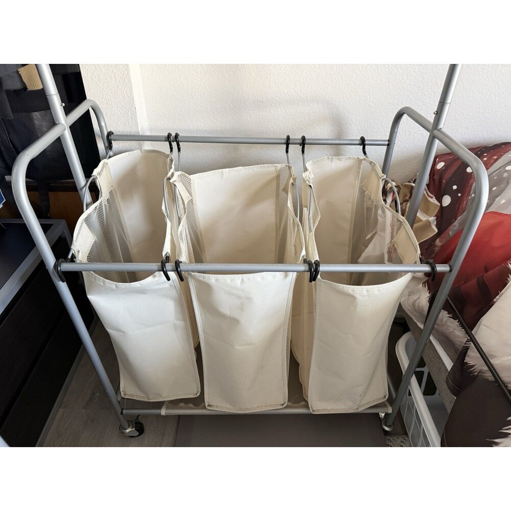 3-Bag Laundry Sorter with Clothes Rack, Silver, Lightweight, Removable, Sturdy